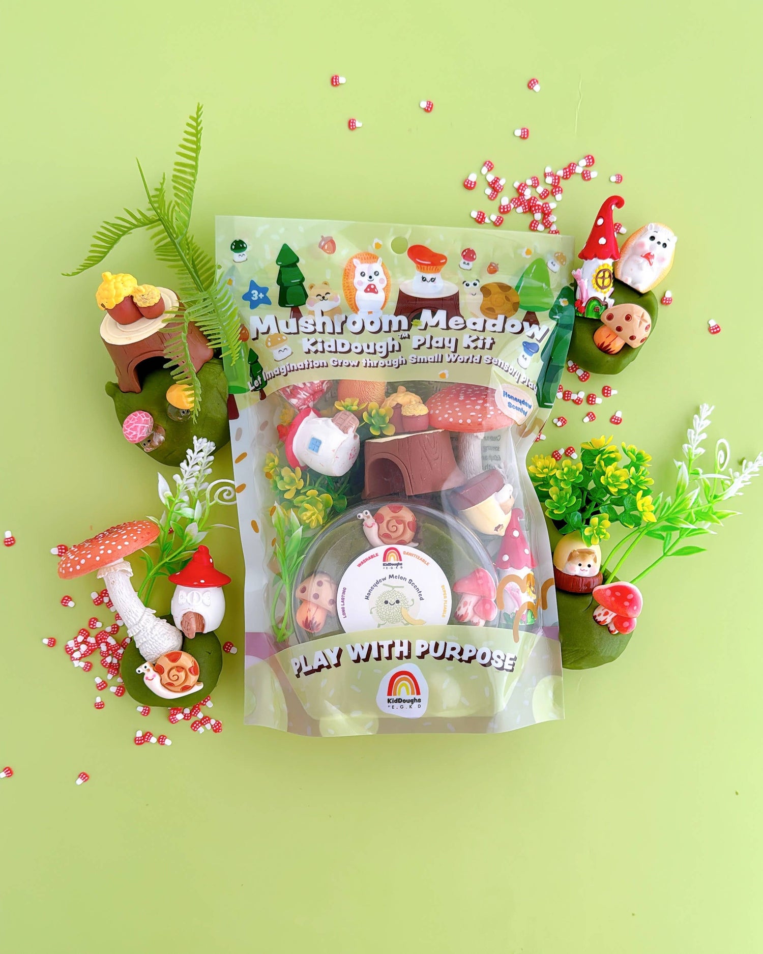 KidDoughs by EGKD Mushroom Meadow Kit packaging with miniature garden elements on a green background